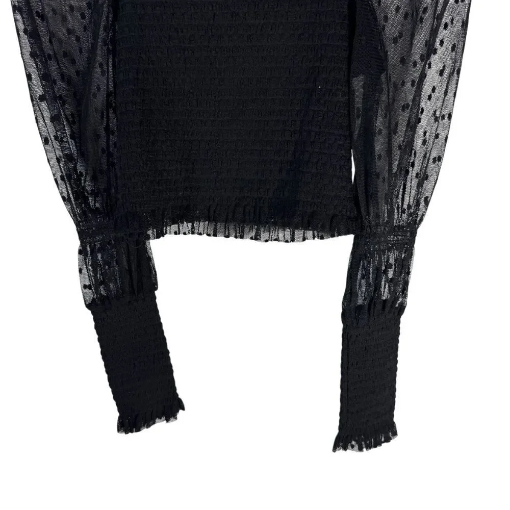 Intimately Free People‎ Puckered Black Crop Top Dotted Mesh Sleeves Sz M